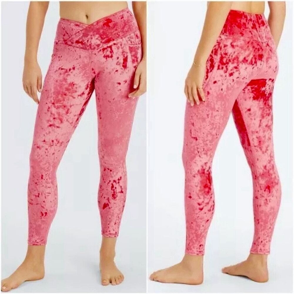 Fabletics Women's Sz L Crushed Velour Velvet Crossover Leggings Raspberry Red